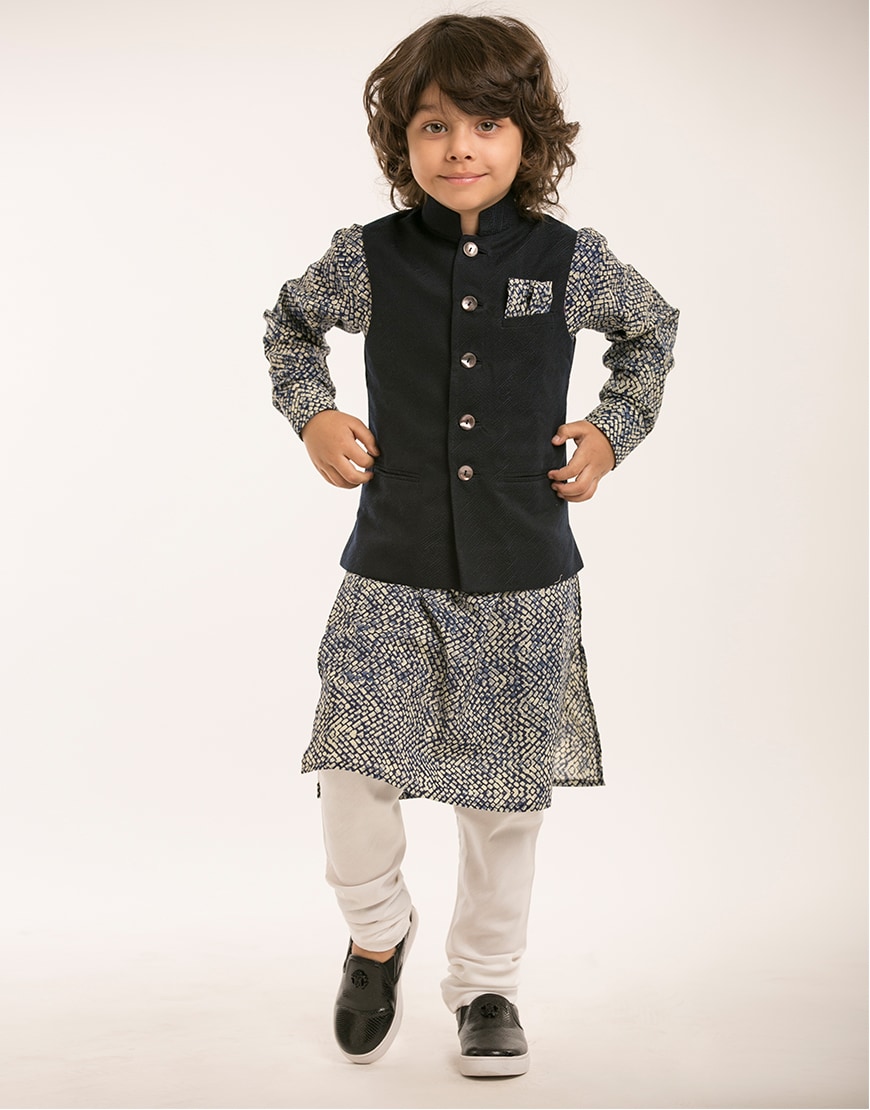 Navy Waistcoat with Ivory Churidar And Blue Print Kurta