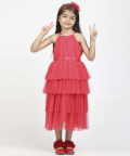 Jelly Jones Layred Gown With Neck Pearl & Hair Band-Coral Pink 