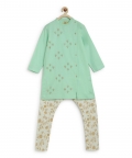 Boys Nawab Kurta Pyjama Cotton Set Embroidered-Green