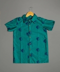 Teal Blue Fish Block Print Cotton Lycra Shirt 
