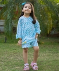 Embroidered White & Blue Chevron Block Print Co-Ord Set