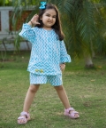Embroidered White & Blue Chevron Block Print Co-Ord Set