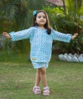 Embroidered White & Blue Chevron Block Print Co-Ord Set