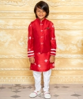 Red Woven Bundi And Kurta Set For Boys
