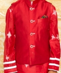 Red Woven Bundi And Kurta Set For Boys