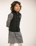 Navy Waistcoat with Ivory Churidar And Blue Print Kurta