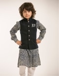 Navy Waistcoat with Ivory Churidar And Blue Print Kurta