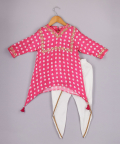 Hot Pink Asymmetric Bandhani Printed Kurti With Tulip Style Dhoti