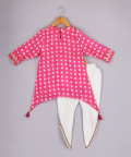 Hot Pink Asymmetric Bandhani Printed Kurti With Tulip Style Dhoti