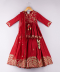 Maroon Floral Lace Work Peplum Style Top With Sequins Lehenga Set