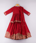 Maroon Floral Lace Work Peplum Style Top With Sequins Lehenga Set