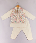 Multi Colour Floral Embroidered Jacket With Cotton Kurta And Pyjama