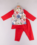  Multi Colour Floral Thread Work Jacket With Red Kurta And Pyjama