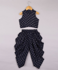 Navy Blue Bandhani Printed Top And Dhoti With Cape Style Jacket