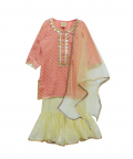 Peach Cotton Silk Polka Dots Kurti With Yellow Sharara