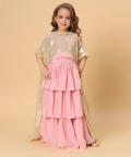 Three Piece Pink And Gold Party Wear Lehnga Top Dupatta Set