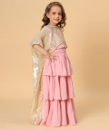 Three Piece Pink And Gold Party Wear Lehnga Top Dupatta Set
