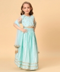 Three Piece Aqua Blue Party Wear Lehnga Top Dupatta Set