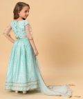 Three Piece Aqua Blue Party Wear Lehnga Top Dupatta Set
