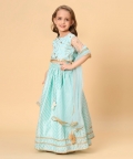 Three Piece Aqua Blue Party Wear Lehnga Top Dupatta Set