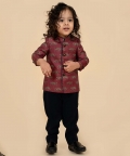 Dark Maroon Silk Printed Bandhgala With Black Pants