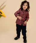 Dark Maroon Silk Printed Bandhgala With Black Pants