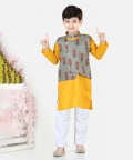 Printed Attached Jacket Cotton Kurta Pajama For Boys- Grey