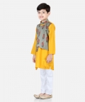 Printed Attached Jacket Cotton Kurta Pajama For Boys- Grey