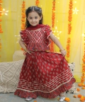Pure Cotton Printed Ruffle Top Lehenga with Dupatta- Red