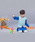 Blue Kurta With Flower Print Nehru Jacket Set