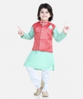 Attached Jacquard Jacket Kurta Pajama For Boys- Green