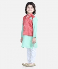 Attached Jacquard Jacket Kurta Pajama For Boys- Green