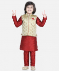 3 Piece Jacquard Jacket Silk Kurta Pajama for Boys-Maroon