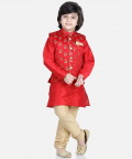 3 Piece Jacquard Jacket Silk Kurta Pajama for Boys-Red