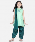 BownBee Hand Embroidered Silk Kurti Salwar for Girls-Green
