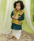 Kalamkari Print Jacket With Kurta Pajama For Boys- Yellow