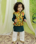 Kalamkari Print Jacket With Kurta Pajama For Boys- Yellow