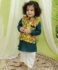 Kalamkari Print Jacket With Kurta Pajama For Boys- Yellow