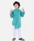 Cotton Printed Asymmetric Front Open Kurta Pajama- Green