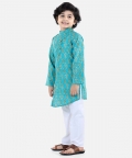 Cotton Printed Asymmetric Front Open Kurta Pajama- Green