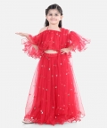 Sequin Net Lehenga With Ruffle Choli With Dupatta- Red