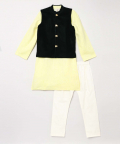 3 Pcs Linen Kurta Set With Velvet Vest Coat And Pyjama