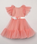 Tulle Knee Length Dress With 3D Flower And Pearl Embellishmet