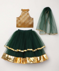 Poly Silk Jacquard Halter Neck Blouse With Tulle Skirt And Dupatta
