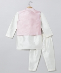 Boys Pearl Hand Embroidery Raw Silk Kurta Pyjama With Jacket