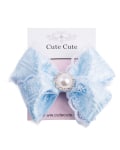Large lace and satin bow clip with button 
