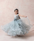 Mist Greyish Blue Brocade Silk Ruffled Net Gown