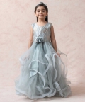 Mist Greyish Blue Brocade Silk Ruffled Net Gown