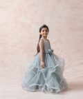 Mist Greyish Blue Brocade Silk Ruffled Net Gown
