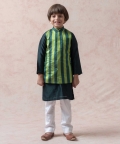 Green Tanchoi Silk Nehru Jacket With Chanderi Kurta Pajama